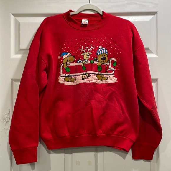 Vintage 80’s Sledding Animals Ugly Christmas Sweatshirt L - Picture 1 of 7